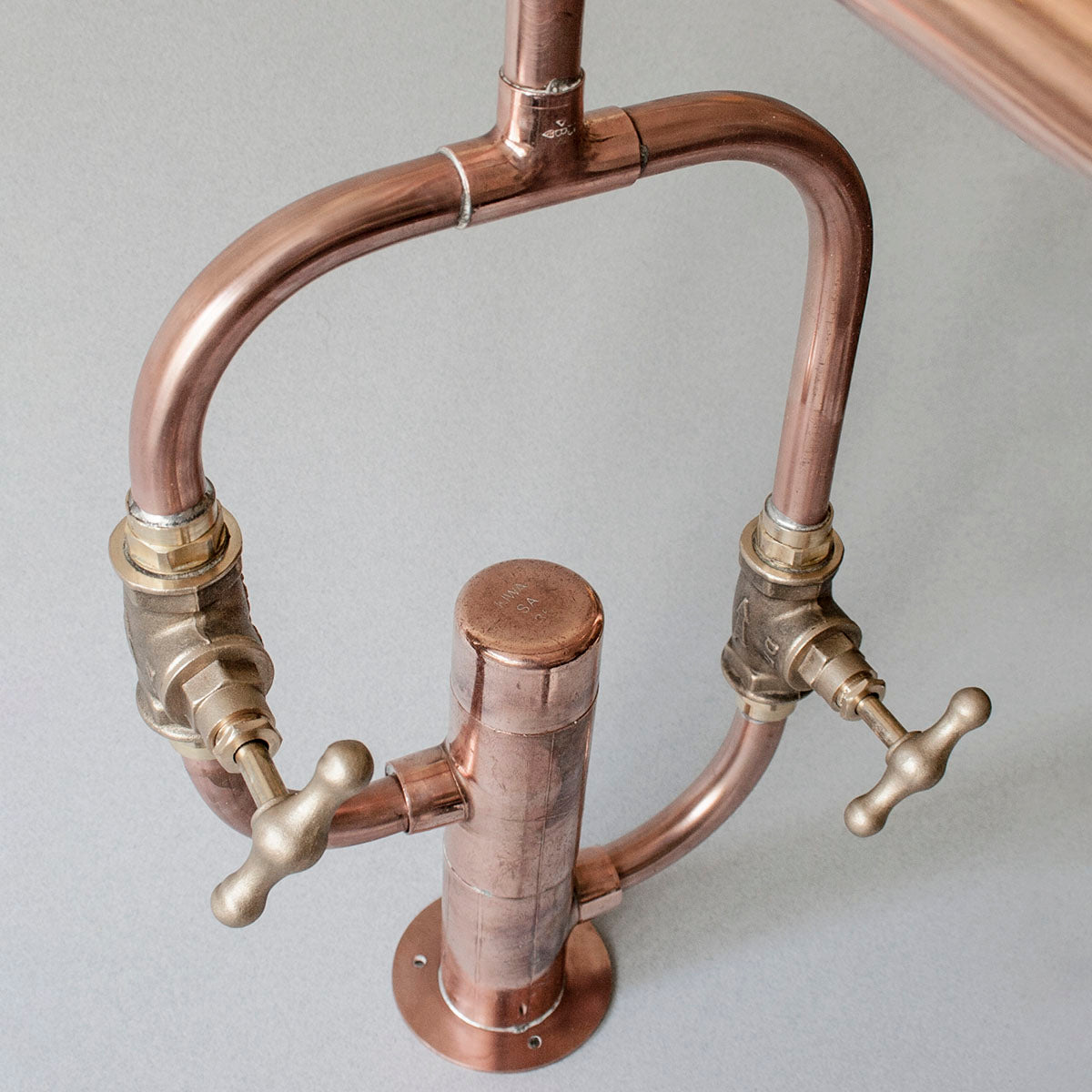 Made from solid copper and brass, Pedestal Diagonal is a deck-mounted DIY sink tap for indoor or outdoor use, created by Switchrange.