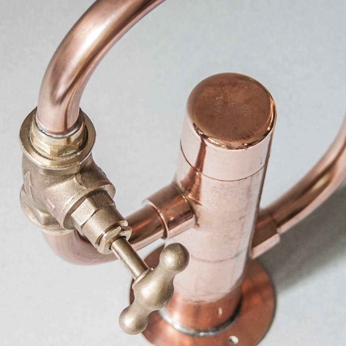 Designed by Switchrange, Pedestal Diagonal is a bespoke deck-mounted tap made from raw copper and brass, ideal for kitchens and bathrooms alike.
