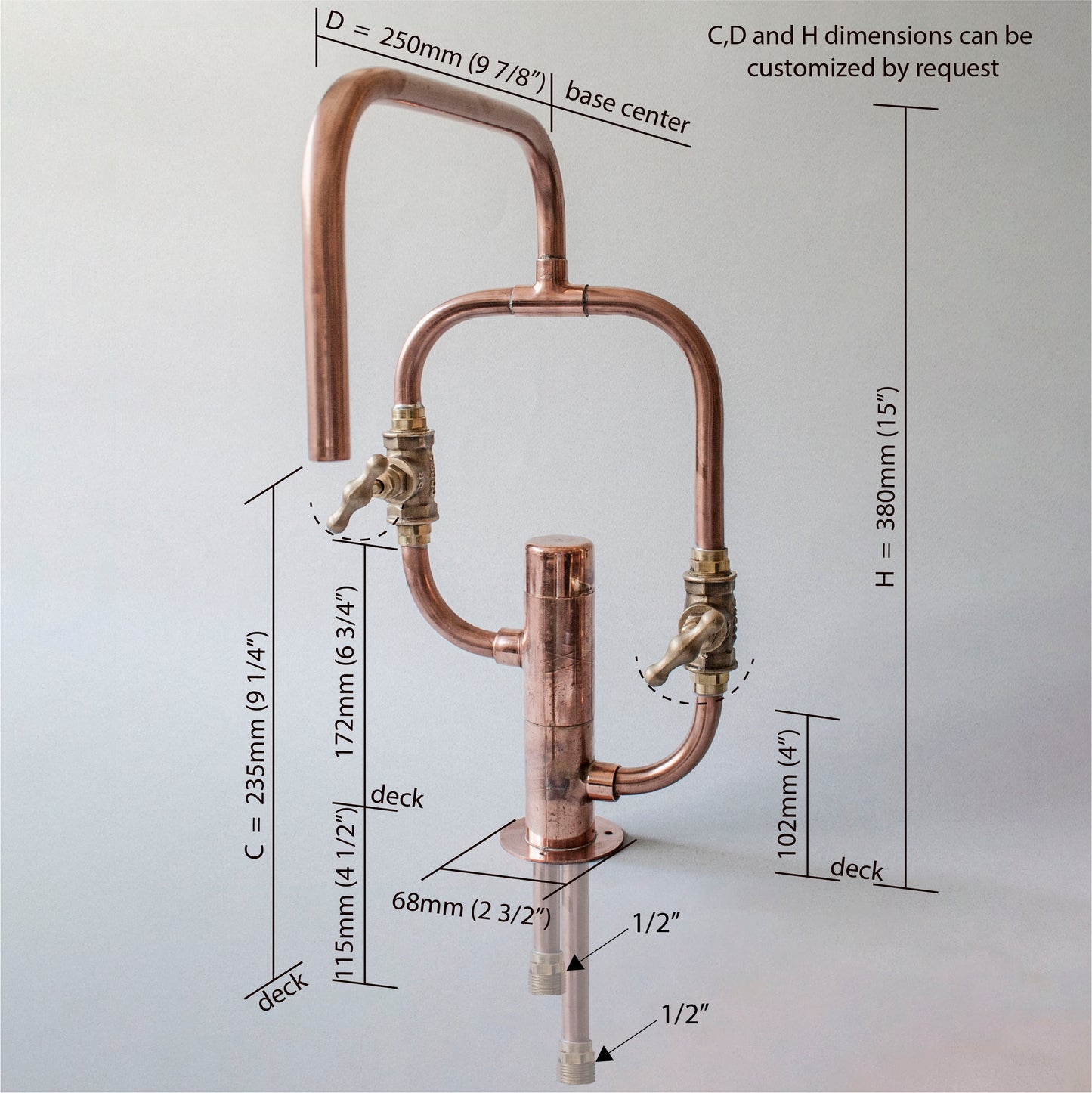 Pedestal Diagonal - deck mounted copper tap dimensions by Switchrange