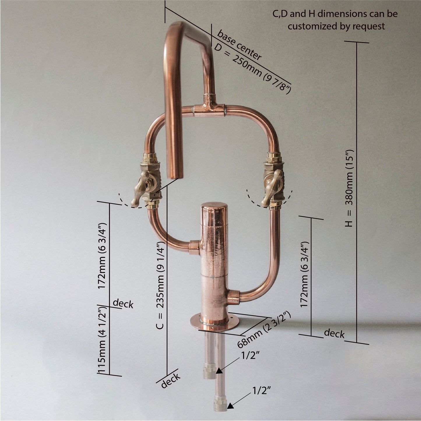 Pedestal Even - deck-mounted copper tap dimensions by Switchrange.