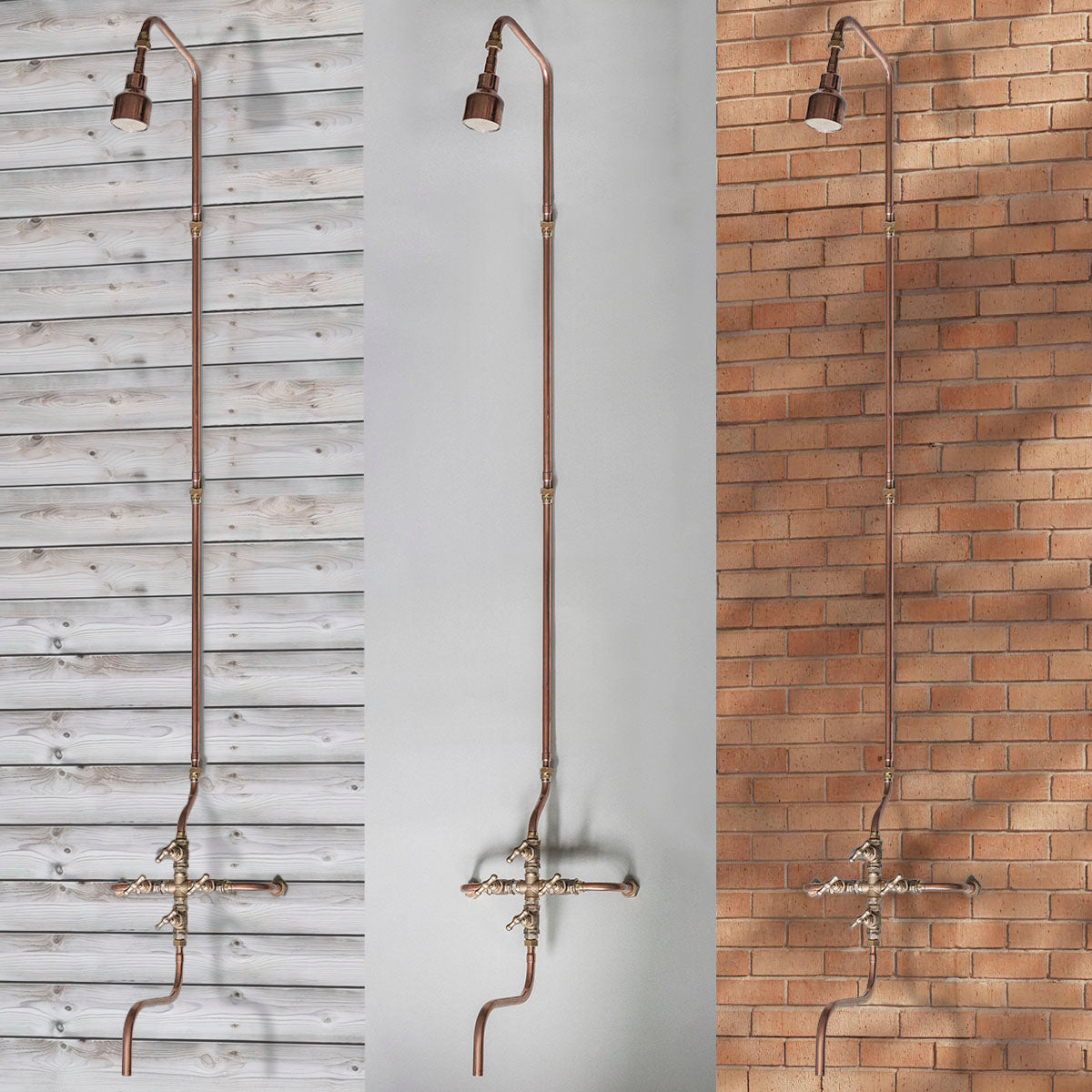 Copper shower and tub filler made in exposed copper pipe and brass by Switchrange