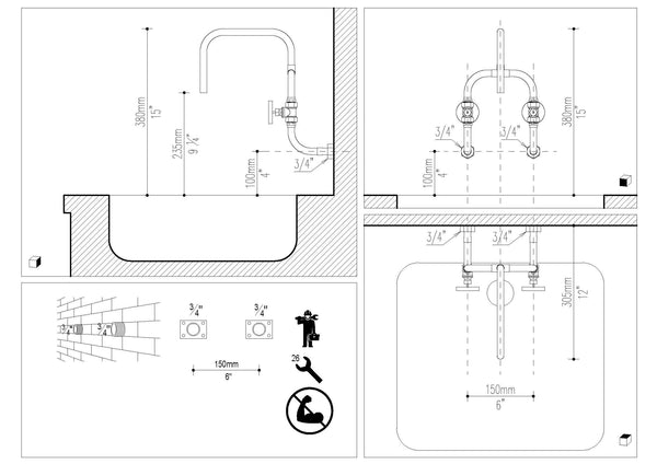 Loop 6" spread between connection centers - wall mount industrial handmade copper tap installation diagram Switchrange