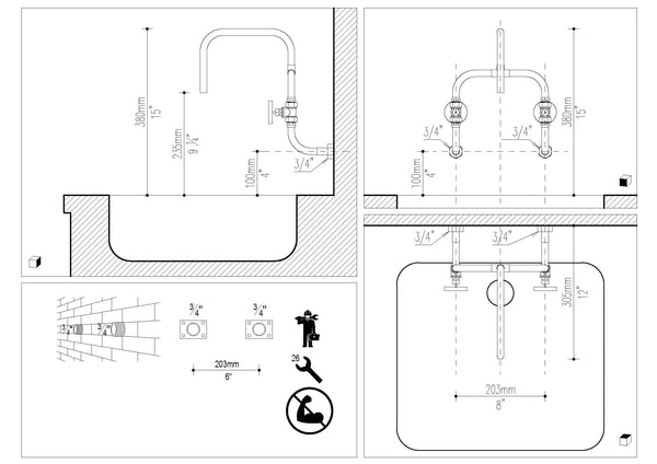 Loop 8" spread between connection centers - wall mount industrial handmade copper tap installation diagram Switchrange